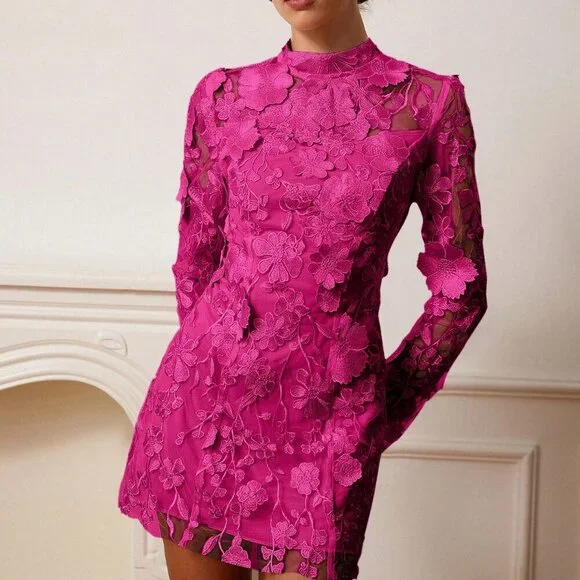 Hot Pink Elegant Women's Embroidery Floral Embroidered long sleeve Mesh dress - Picture 4 of 6